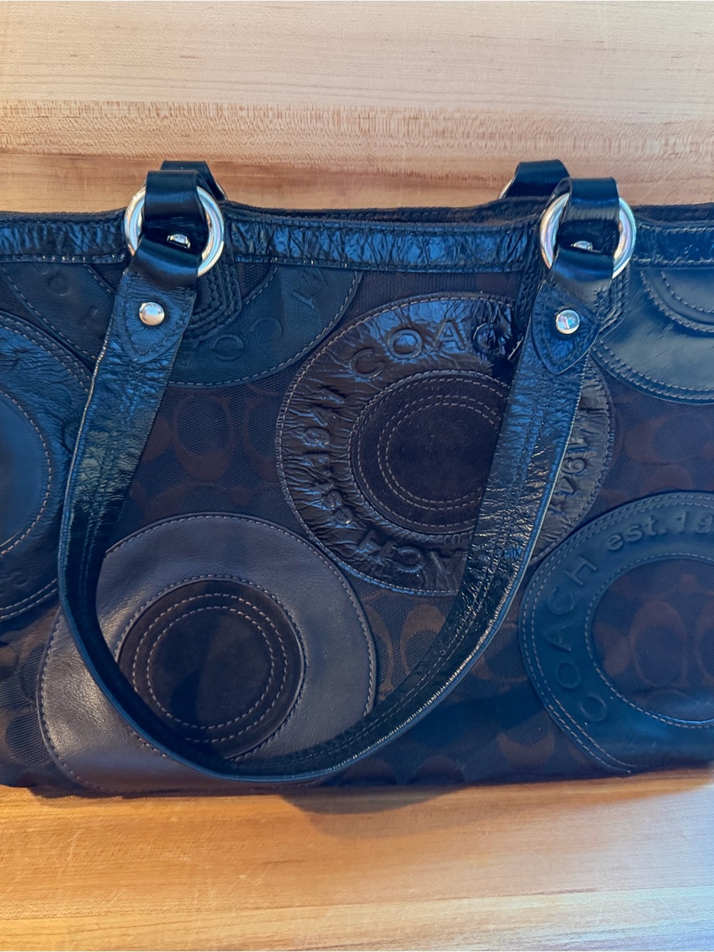 Coach Black Signature Circle Appliqué Shoulder Bag